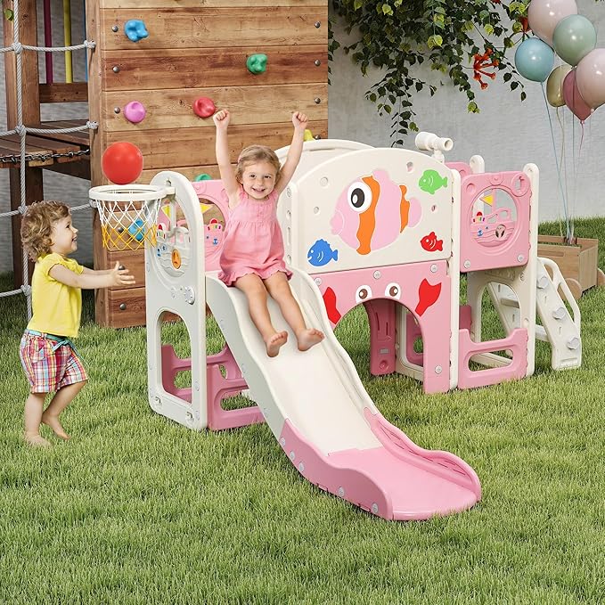 NYEEKOY 8-in-1 Toddler Slide, Toddler Outdoor Playset, with Toddler Climber and Kids Slide, Suitable for Indoor Playground for Kids 1-3, Pink Fish