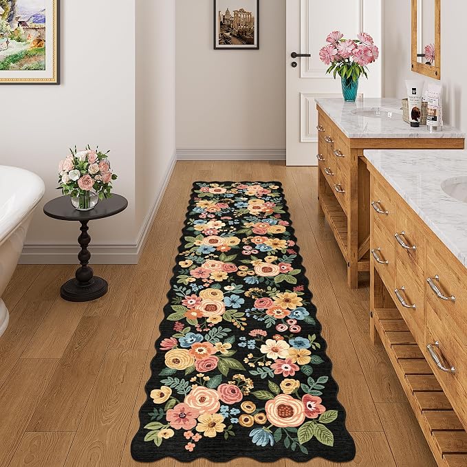DUKINO 2x7 Runner Rug for Hallway, Floral Washable Rug for Kitchen, Black | Low Pile, Stain Resistant, Soft Throw Carpet Runner for Entryway, Bedroom, Bathroom, Laundry, Pet Friendly, Modern Home Decor
