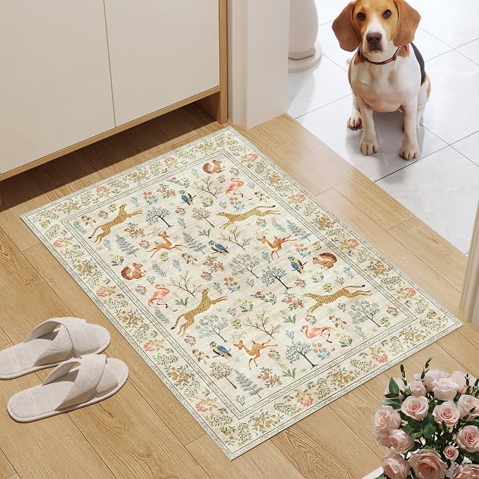 DUKINO 2x3 Entryway Rug, Washable Door Mat Animal Rug for Kitchen, Beige | Non Slip, Low Pile, Soft Indoor Small Rug for Entrance, Bedroom, Bathroom, Laundry, Pet Friendly, Lightweight, Non-Shedding