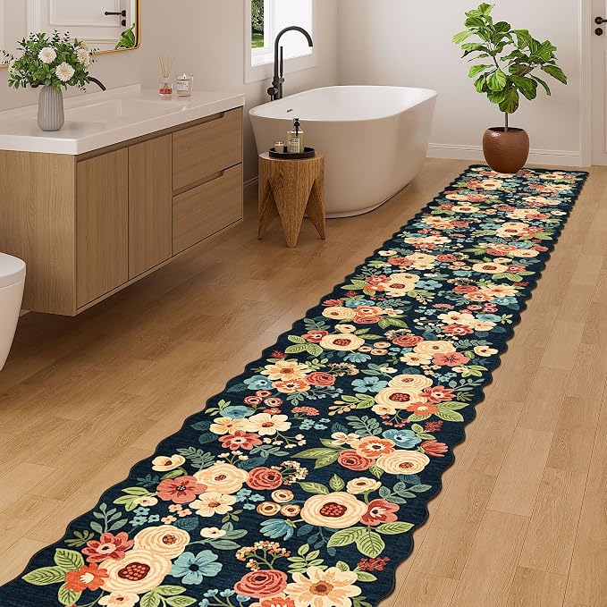 DUKINO 2x12 Washable Runner Rug, Long Runner Rug for Hallway, Navy Blue | Non Slip, Low Pile, Soft Floral Throw Rug Runner for Kitchen, Entryway, Bedroom, Bathroom, Pet Friendly, Modern Home Decor
