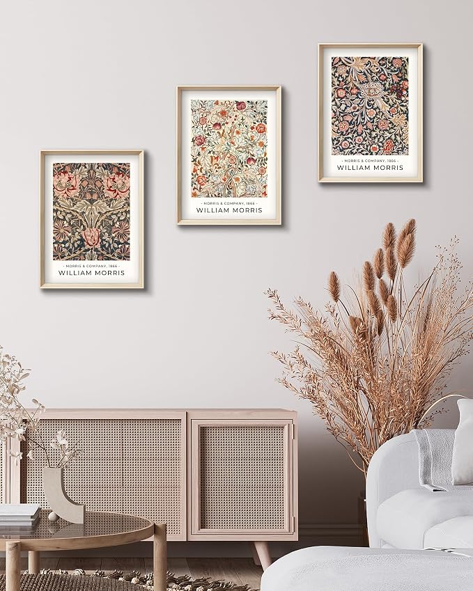 HesenDot William Morris Vintage Framed Wall Art, Floral Canvas Prints | 12x16IN Set of 3, High Framed Design Prints, Vintage Floral Pattern Wall Decor for Living Room Bedroom Bathroom