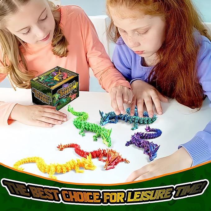 5PCS 12" 3D Printed Dragon Set Articulated Crystal Dragons Dragon Desk Toys, 3D Printed Animals Cool Unique Birthday Gifts for Teen Adult Novelty Christmas Stocking Stuffers Gadget for Men Boy