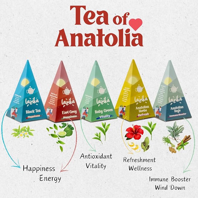 Lazika Tea Sampler with Premium Presentation Box, 10 Counts, Mothers Day Gifts, 2 of Each Blend Individually Wrapped, Black, Green and Herbal Tea Variety Gift Set, Collection with Pyramid Infuser Bag