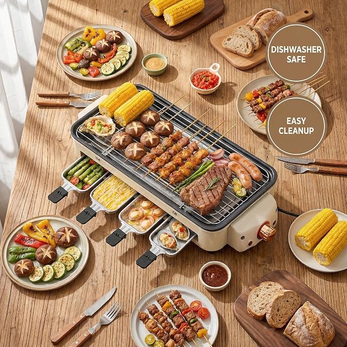 Electric Indoor Grill, 3 in 1 Smokeless Indoor Grills with Non-stick Removable Grill & Griddle Plate, Portable Korean BBQ Grills with 4 Cheese Pans, Adjustable Temperature Control, 1500W (Beige)