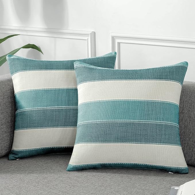 Pack of 2 Farmhouse Stripe Check Throw Pillow Covers Set Case Cotton Linen Decorative Pillowcases Cushion Cover for Couch Bench Sofa 24x24Inch Teal Blue