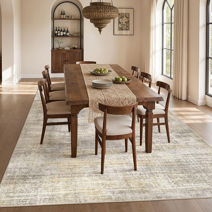 cotiled Washable Area Rugs 6x9 Living Room | Non Slip Backing, Stain Resistant, Pet Friendly, Large Neutral Soft Indoor Carpet For Bedroom, Nursery, Office, Gold/Brown
