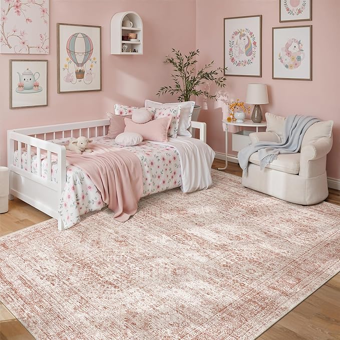 Soalmost 5x7 Area Rugs Pink Low Pile Washable Trendy Faded Style Rug | Vintage Non-Slip Indoor Accent for Bedroom Dining, Foldable Stain Resistant Floor Carpet Mat Under Table Home Office Decor
