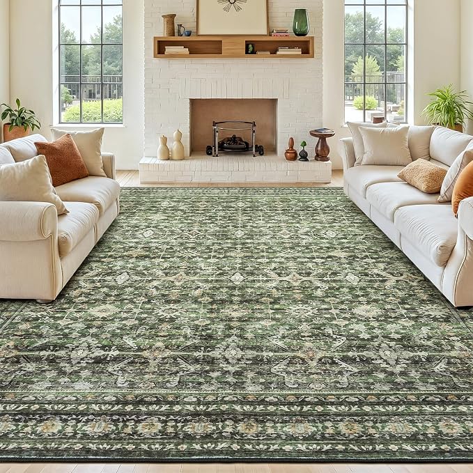 10x14 Area Rugs for Living Room, Green Washable Non-Slip Large Carpet | Soft Boho Area Rug for Bedroom Dining Room Home Office Indoor Nursery, Stain Resistant, Low Pile, Vintage Distressed Rug