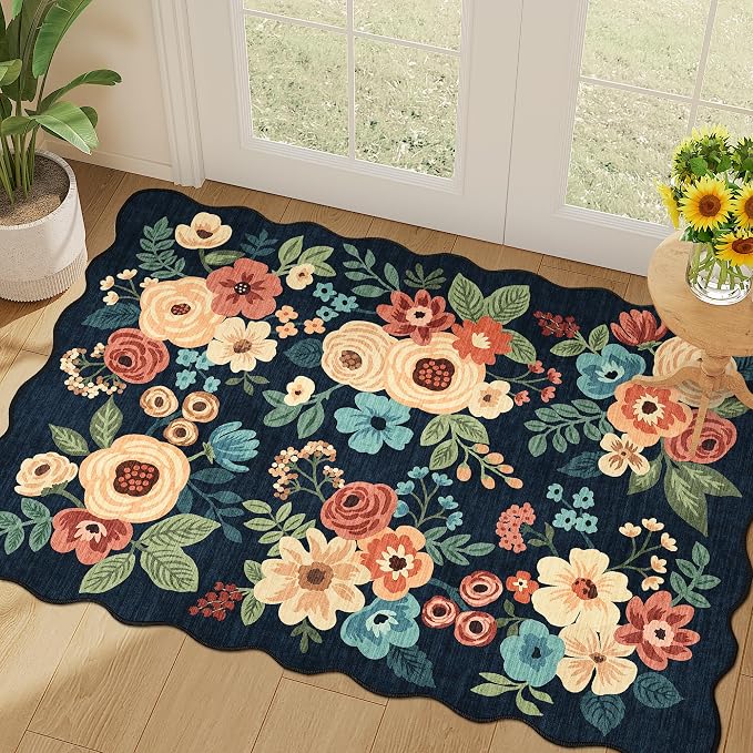 DUKINO 2x3 Rug for Entryway, Floral Door Mat Washable Rug, Navy Blue | Non Slip, Low Pile, Soft Small Rugs for Kitchen, Entrance, Bedroom, Bathroom, Laundry, Pet Friendly, Non-Shedding, Home Decor