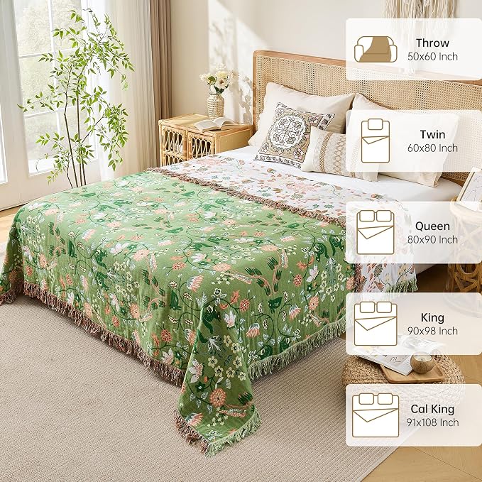 VANJOROY Boho Throw Blanket, 100% Organic Cotton Breathable Skin-Friendly Ultra Soft 80" x 90" Bed Quilt Green Throw - Floral Rustic Decor Luxury Reversible Blanket for Sofa Couch Chair and Gift,
