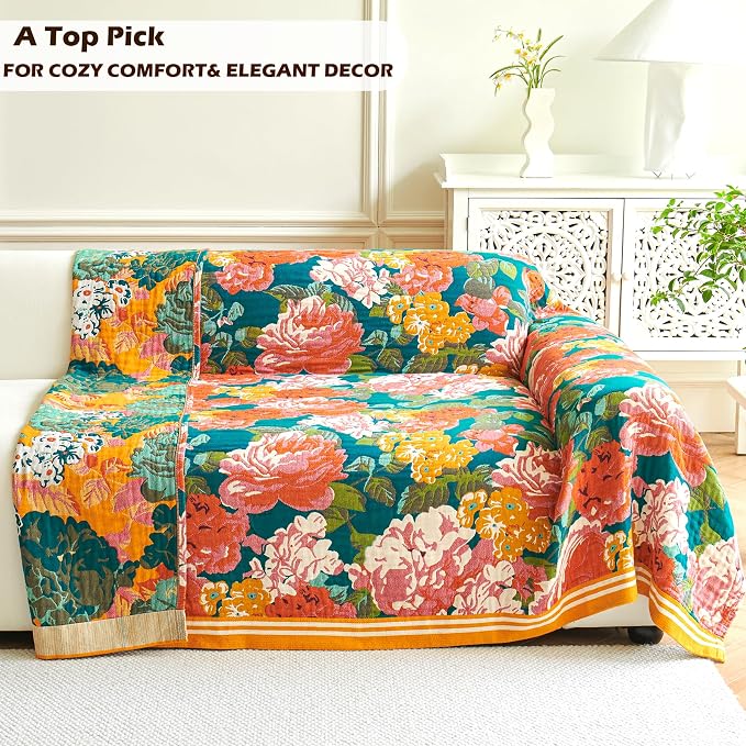 VANJOROY Boho Throw Blanket, 100% Organic Cotton Breathable Ultra Soft 80" x 90" Bed Quilt Throw - All Season Floral Rustic Farmhouse Decor Luxury Reversible Blanket for Sofa Couch Chair and Gift