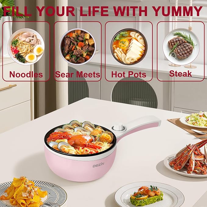 Dezin Electric Pot, 1.5L Non-Stick Portable Hot Pot Electric Upgraded, 700W | Dual Power, Electric Pot for Cooking Steak, Egg, Soup, Mini Ramen Cooker for Dorm, Travel, Camping, RV, Office, Pink Pan