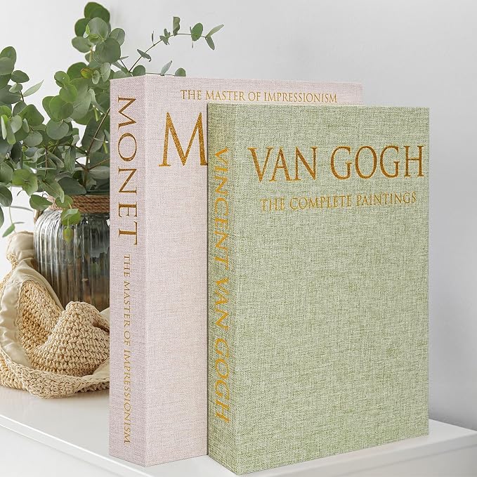 Decorative Book Storage Box Set, Faux Linen Green | Sturdy cardboard organizer for bookshelf coffee table, eco-friendly odor-free lightweight, set of 2