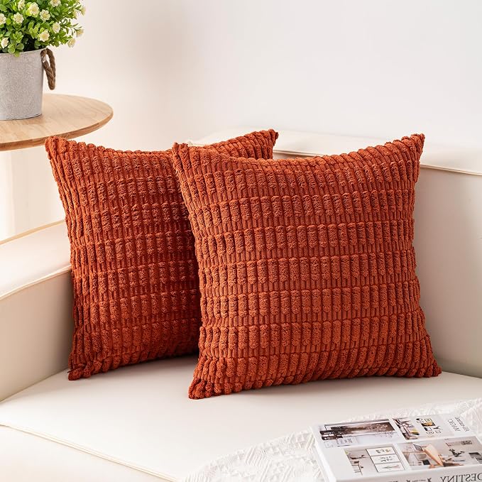 Aegero Pack of 2 Corduroy Decorative Throw Pillow Covers 26x26 Inch, Rust | Fall Soft Striped Pillow Covers Modern Farmhouse Home Decor Christmas Throw Pillow Covers for Sofa Living Room Couch Bed