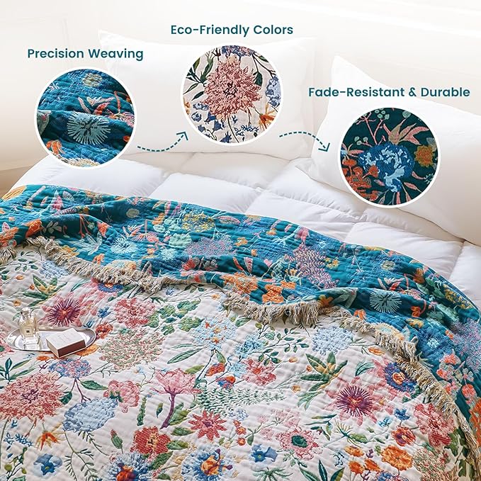 MSGKV Boho Throw Blanket 60"x80" Summer Cotton Orchid Blanket for Couch | Muslin Throw, Orchid Floral Pattern, Reversible Woven, Lightweight Comfort, Farmhouse Decor, All Seasons, Machine Washable