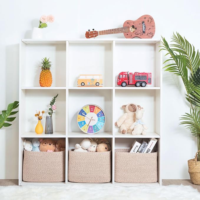 3-Pack Decorative Woven Storage Baskets for Shelves, Cube Bin Box for Organizing Books, Shoes, Dog Toys, Pantry Closet and Living Room Organizer, Oatmeal Brown