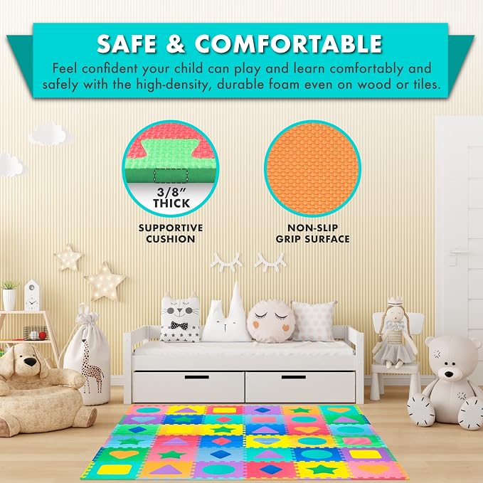 ProSource Kids Foam Puzzle Floor Play Mat with Shapes & Colors 36 Tiles, 12"x12" and 24 Borders