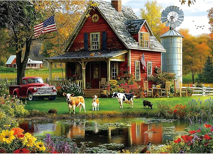 Autumn Farm Jigsaw Puzzles 1000 Pieces for Adults - Vintage Country Scene with Red Farmhouse & Pickup Truck, Family-Friendly Countryside Puzzle Games with Reference Poster （27.6"x19.7"）