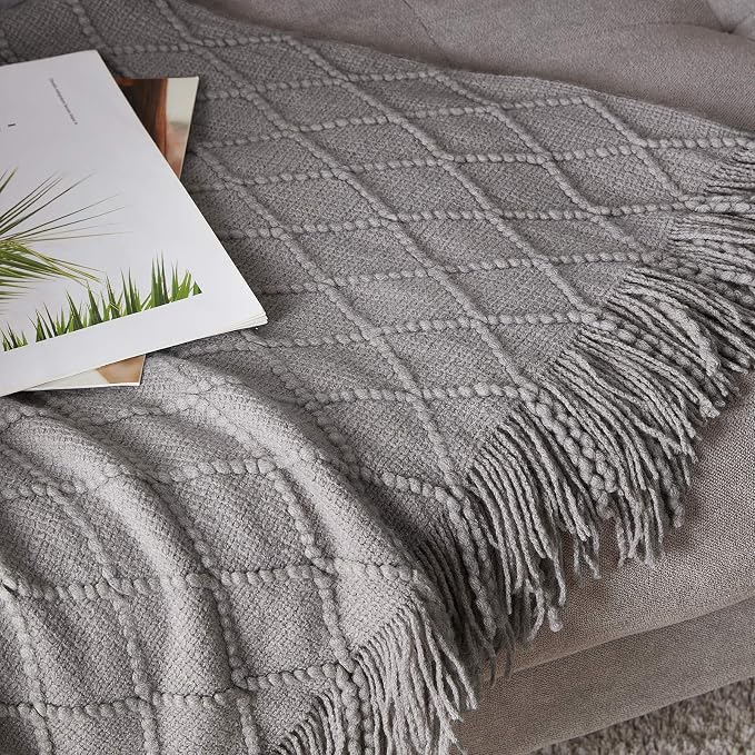 BOURINA Light Grey Throw Blanket 60x80 Inch Knitted Soft Throw Sofa Blanket | Knitted Throw Blanket 60x80 Inches, Soft Lightweight Boho Weave Throw Decorative Couch Blanket for Living Room Bedroom Chair