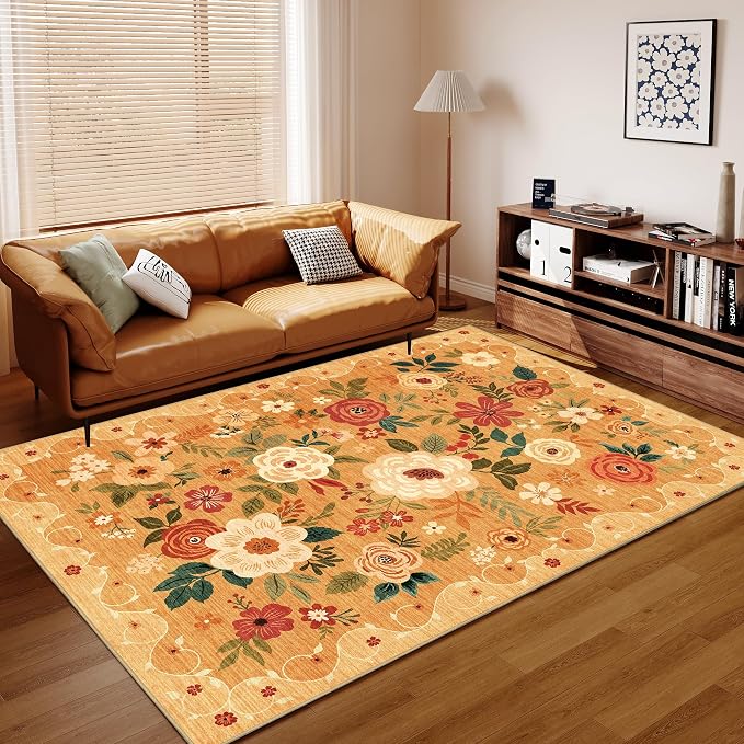 DUKINO 9x12 Area Rug for Living Room, Floral Washable Rug Non Slip, Orange | Soft, Low Pile Indoor Large Rug for Bedroom, Dining Rom, Kids Playroom, Office, Pet Friendly, Modern Home Decor, Non-Shedding
