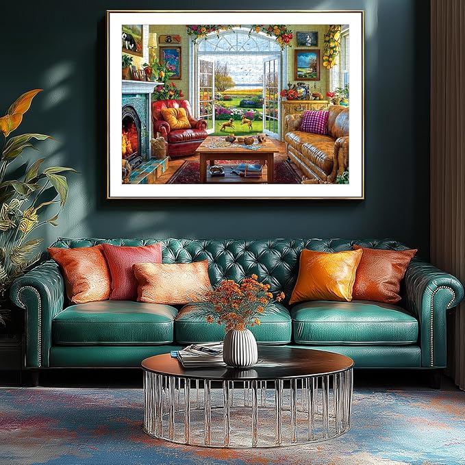 Sunlit Garden 1000 Piece Jigsaw Puzzle for Adults, Indoor Living Room Scene with Floral Decor and Garden View, Home Entertainment Family Activity