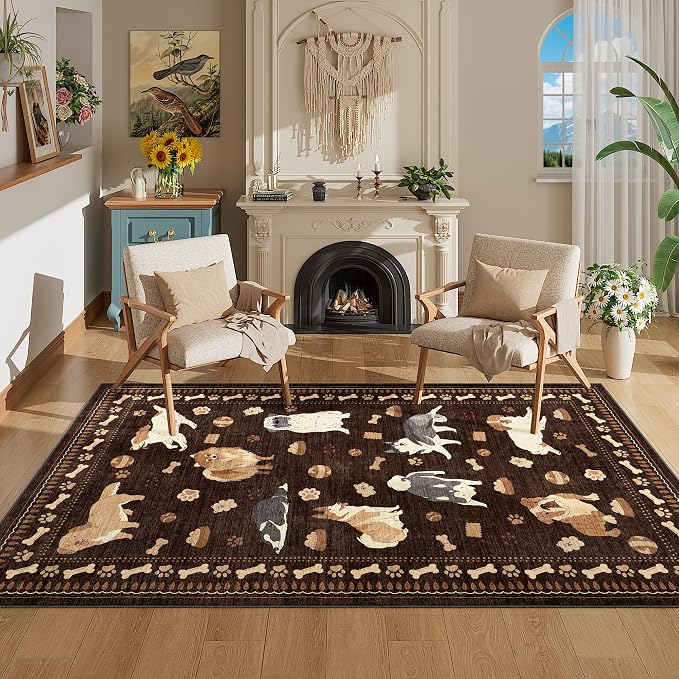 DUKINO 3x5 Rug, Washable Dog Bedroom Area Rug Soft Non Slip, Brown | Low Pile, Non-Shedding, Stain Resistant Animal Carpet for Bathroom Dorm Office Dining Living Room Kitchen, Kid & Pet Friendly