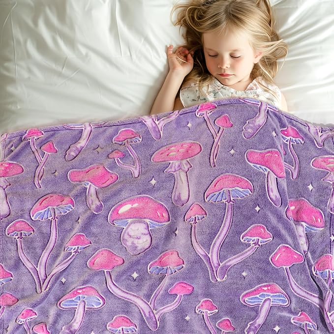 Glow in The Dark Mushroom Blanket - Purple Fleece Throw with Plant Print Soft Fuzzy Cottagecore Decor for Kids Girls Boys Bedroom, Couch & Travel 40x50 inches