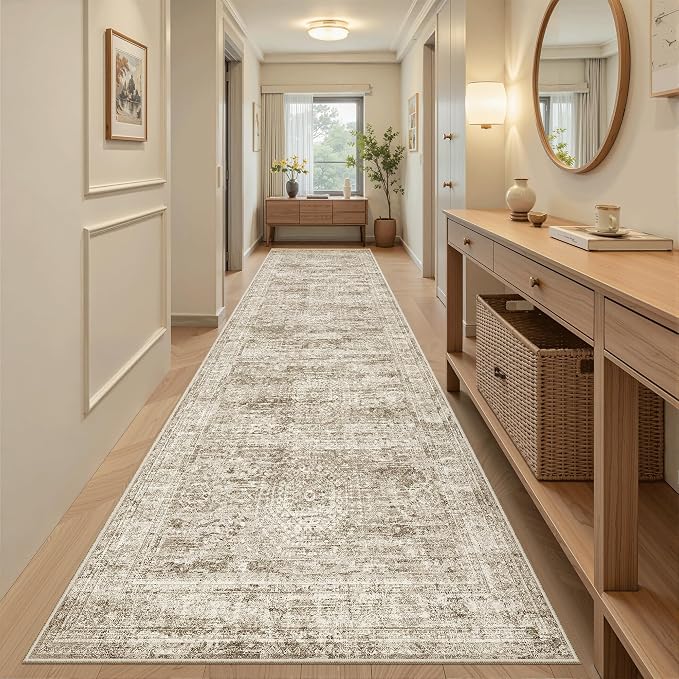 Soalmost Washable 3x10 Hallway Runner Rug Non-Slip Kitchen Entry Rugs Brown | Vintage Long Runners 10ft for Bathroom Laundry Room, Foldable Low-Pile Wide Floor Carpet Mat for Entryway Corridor Bedroom
