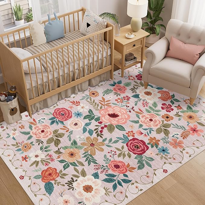 DUKINO 5x8 Area Rug for Bedroom, Soft Floral Washable Rug Non Slip, Beige | Low Pile, Non-Shedding Thin Indoor Rug for Living Room, Dining Room, Kids Room, Office, Nursery, Pet Friendly, Home Decor