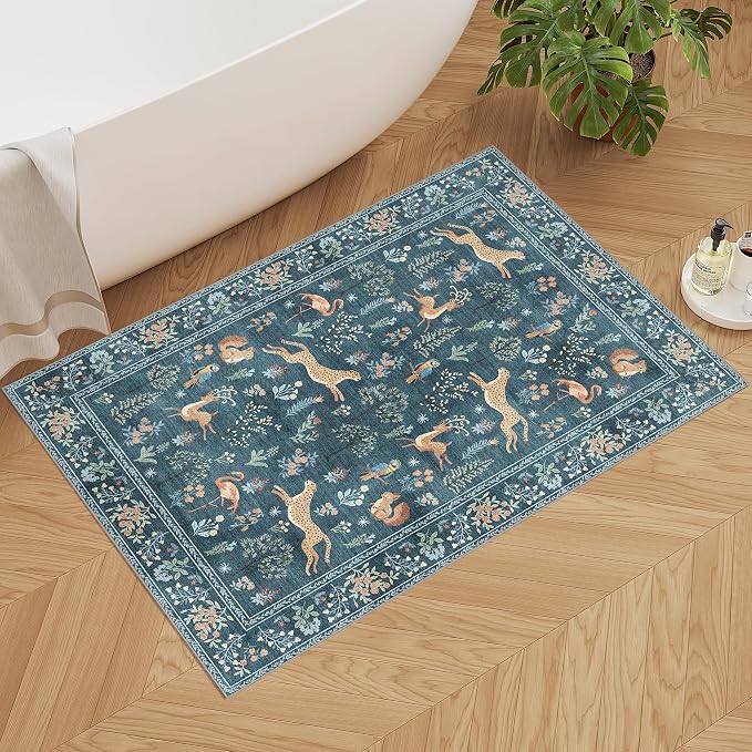 DUKINO 2x3 Entryway Rug, Washable Door Mat Animal Rug for Kitchen, Blue | Non Slip, Low Pile, Soft Indoor Small Rug for Entrance, Bedroom, Bathroom, Laundry, Pet Friendly, Lightweight, Non-Shedding