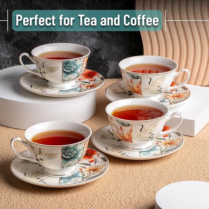 BTaT- Floral Tea Cups and Saucers Set of 4 (8 oz), Porcelain Tea Cup Sets with Gold Trim, Dishwasher & Freezer Safe