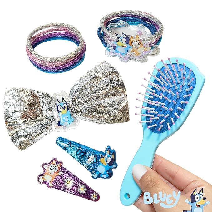 LUV HER Licenced Bluey Girls' 15-Piece Hair Accessories Set – Bluey & Bingo themed Brush, Bow, PVC Snap Clips & Lurex Elastics – Fun & Practical Hair Set for Kids Ages 3+