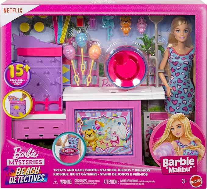 Barbie Mysteries: Beach Detectives Malibu” Doll & Cotton Candy Game Booth Playset with 20 Accessories Including Prizes