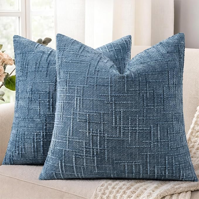 decorUhome Textured Chenille Throw Pillow Covers 26x26 Set of 2 Blue | Fall Modern Farmhouse Soft Cozy Slubby Couch Pillow Cases Boho Decorative Pillow Cases for Bed Sofa Living Room Home Decor