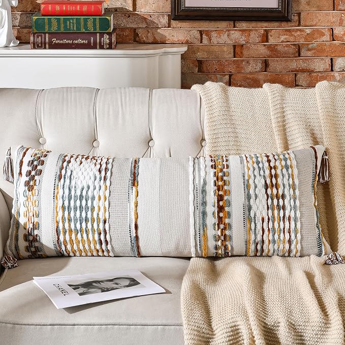 Chenille Striped Textured Boho Throw Pillow Covers Aesthetic with Tassels Woven Decorative Pillow Case for Couch Bed Sofa Bedroom Modern Funky 14 x 36-Inch Brown