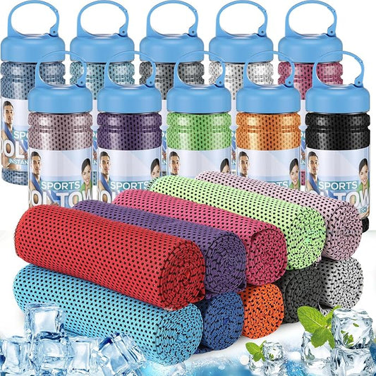 Honoson 10 Pcs Cooling Towels for Neck and Face, 47"x12" Sports Breathable Ice Towels Microfiber Chilly Sweat Rags with Portable Bottle for Gym Golf Athletes Yoga Workout Hot Weather (Mixed Colors)