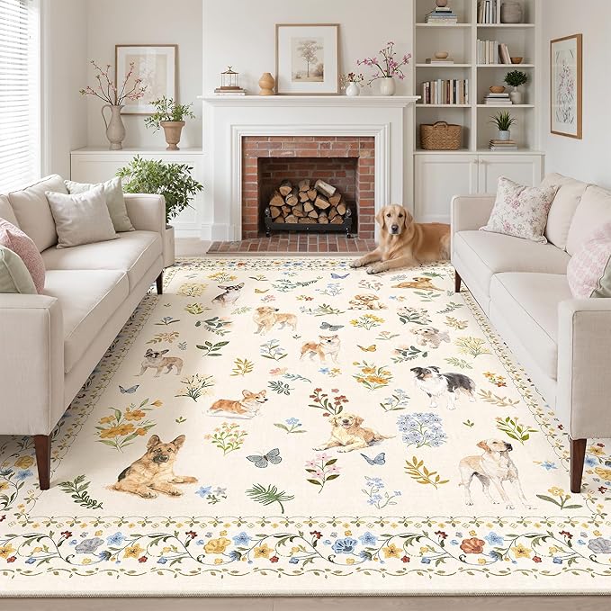 Soalmost Dog 8x10 Area Rugs for Living Room, Washable Animal Soft Rug Beige | Floral Vintage Non-Slip Low Pile Cute Throw Large Rugs for Classroom Bedroom Dining Room Nursery Playroom 8' x 10'
