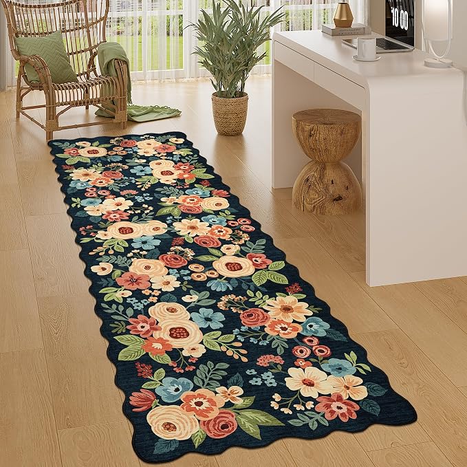 DUKINO 2x6 Runner Rug, Floral Washable Rug for Kitchen Non Slip, Navy Blue | Soft, Low Pile, Non-Shedding Long Runner Rugs for Kitchen, Entryway, Bedroom, Bathroom, Pet Friendly, Home Decor, Ultra-Thin