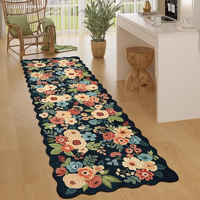 DUKINO 2.6x8 Runner Rug, Floral Washable Kitchens Rugs Non Slip, Navy Blue | Low Pile, Stain Resistant, Soft Throw Carpet Runner for Hallway, Entryway, Bedroom, Bathroom, Pet Friendly, Modern Home Decor