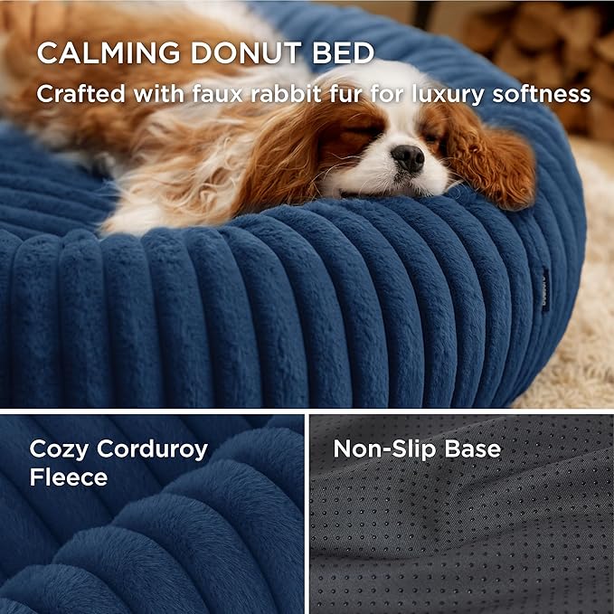 Bedsure Donut Small Dog Bed - Dog Beds for Small Dogs with Corduroy Fleece & Anti Slip Bottom, Round Faux Fur Pet Beds with Washable Removable Cover, Night Blue, 23x23x7 inches