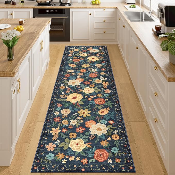 DUKINO 2x8 Runner Rug, Washable Runner Rug for Kitchen Non Slip, Navy Blue | Low Pile, Floral, Soft Indoor Rug for Hallway, Entryway, Bedroom, Bathroom, Pet Friendly, Stain Resistant, Modern Home Decor