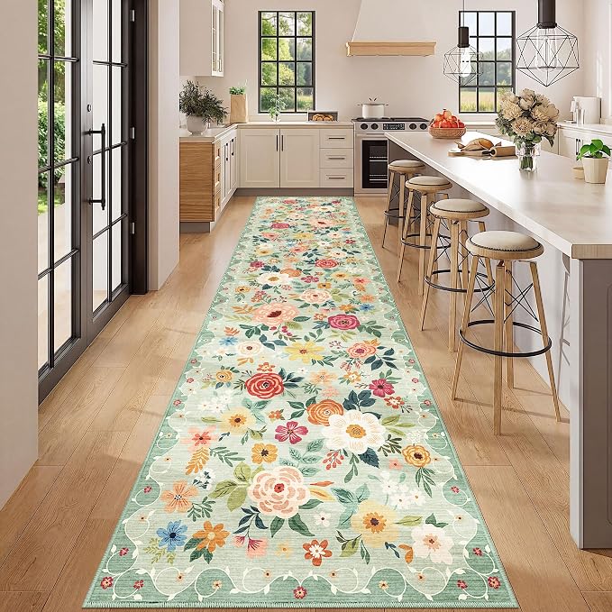 DUKINO 3x12 Washable Runner Rug, Long Hallway Runner Rug Non Slip, Green | Soft, Low Pile, Floral Indoor Runner Rug for Kitchen, Entryway, Bedroom, Bathroom, Laundry, Modern Home Decor, Non-Shedding