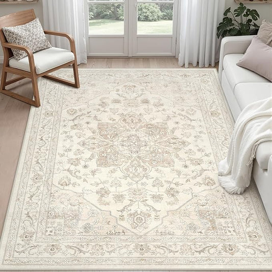 6x9 Area Rugs for Living Room: Vintage Boho Neutral Washable Rug Indoor Soft Large Area Rug Carpet for Bedroom Nursery Farmhouse Dining Room Office Floor Non-Slip Low Pile Under Table Rug Beige White