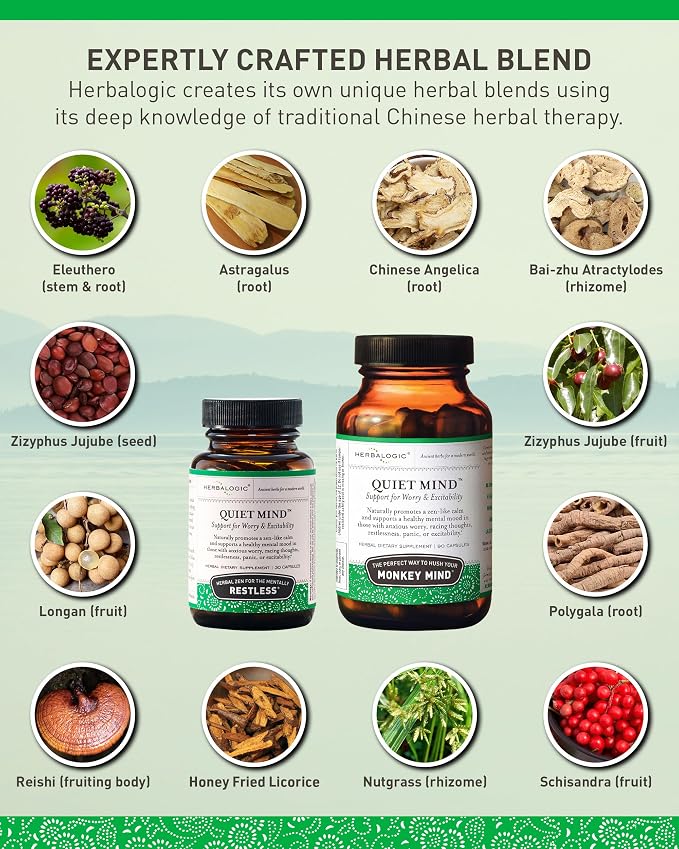 Herbalogic - Quiet Mind Herb Capsules - Non-Sedating, Promotes a Feeling of Zen-Like Calm - Eases Anxious Worry and Panicky Mood - Based on The Traditional Chinese Formula GUI Pi Tang - 30 Cap Count