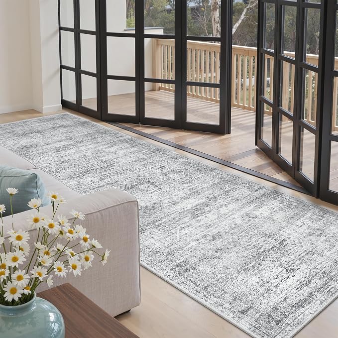 Soalmost Washable Kitchen Runner Rug 3x8 Hallway Entry Rugs Non-Slip, Grey | Vintage Runners 8ft for Bathroom Laundry Room, Foldable Low-Pile Floor Carpet Mat for Entryway Corridor Bedroom
