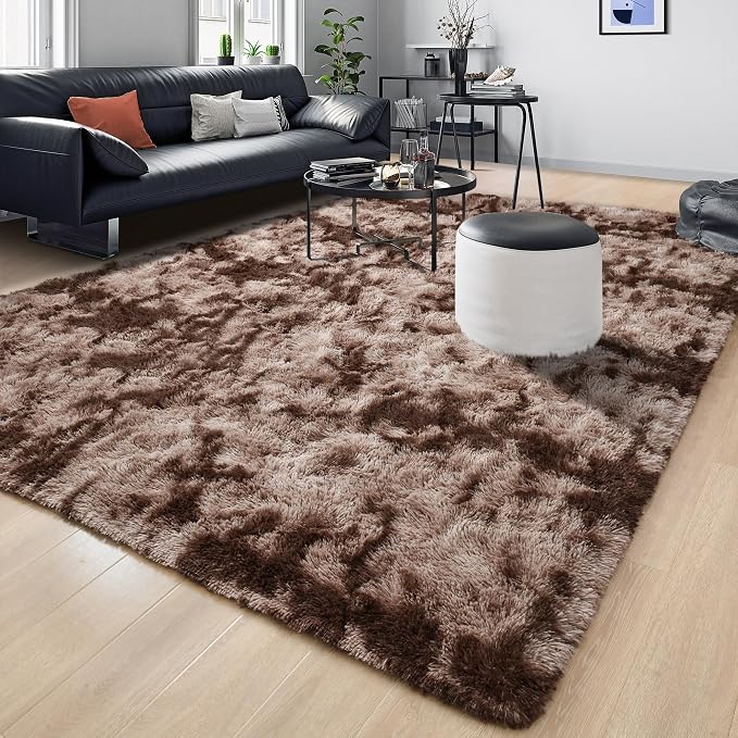 Tepook 6x9 Area Rugs for Living Room Bedroom, Soft Fluffy Plush Shaggy Girls Boys Kids Room Rug, Shag Upgrade Non-Slip Throw Carpet for Dorms Nursery Classroom Home Decor, Tie-Dyed Brown