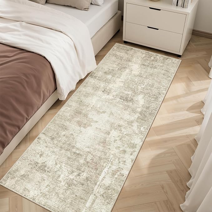 Soalmost Abstratc Runner Rug 2x5 Washable Kitchen Entry Runners Beige/Gray | Non-Slip Low-Pile Rugs for Bathroom Laundry Room, Vintage Foldable Floor Carpet Mat Hallway Entryway for Corridor Bedroom