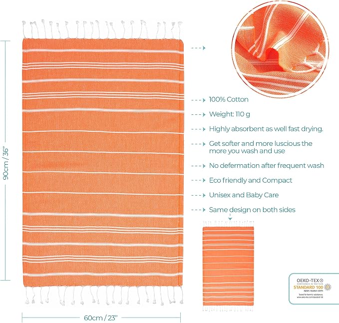 Cacala 100% Turkish Cotton Kitchen Tea Towels, Highly Absorbent Luxury Soft Quick Drying Dish Towel with Hanging Loop for Gym, Yoga, Bath, Sports, Cleaning and Kitchen (23 x 36), Orange