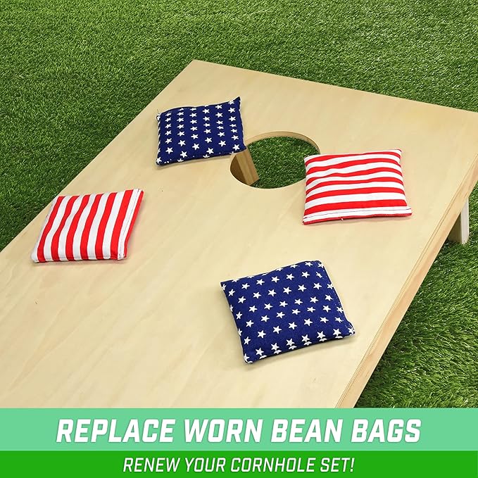 GoSports Official Regulation Cornhole Bean Bags Set of 8 – for Competitive Cornhole Games - All Weather - American Stars and Stripes or Red and Blue