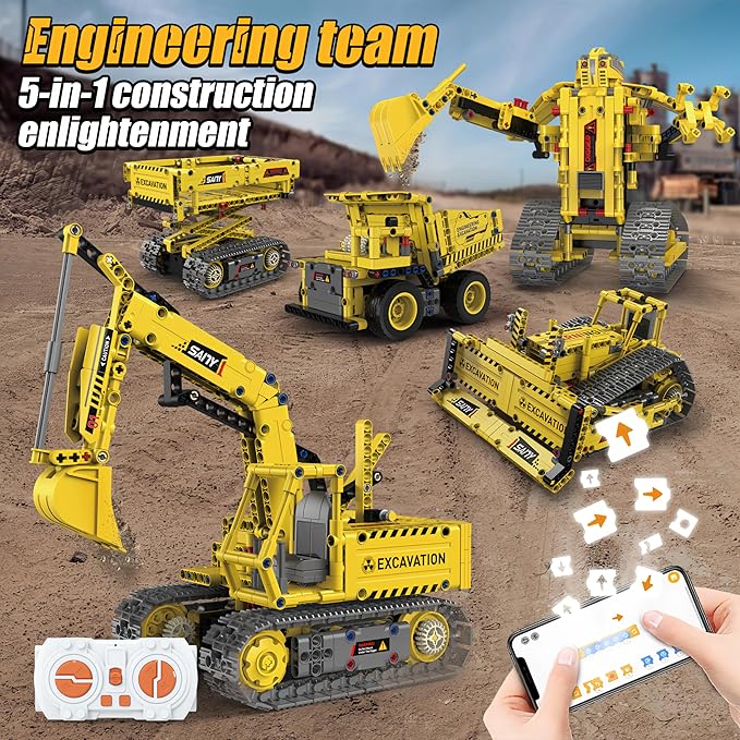 STEM Robot Construction Toys for Kids - Remote-Controlled Excavator Engineering Kit with 555 Pieces, Motor Module, Educational Boy Toys Age 8-10, Science Kits for Kids Age 8-12
